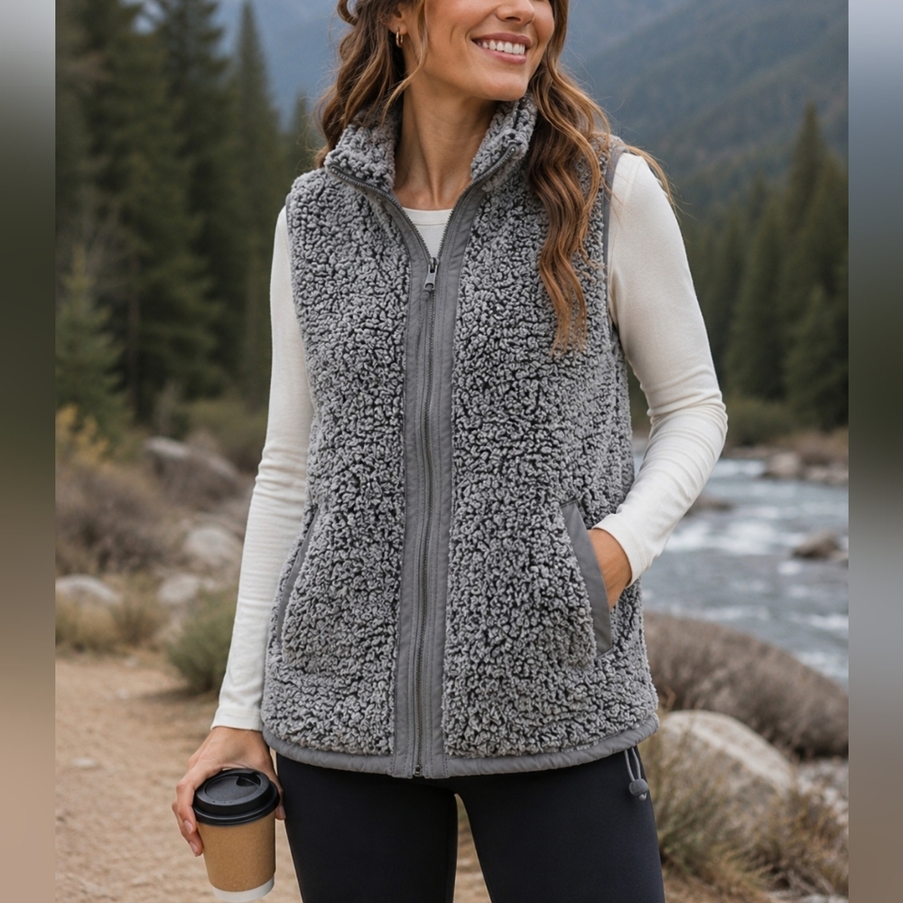 Abercrombie & Fitch Gray Sherpa Zip Vest Women’s Large Cozy Fleece Teddy Vest